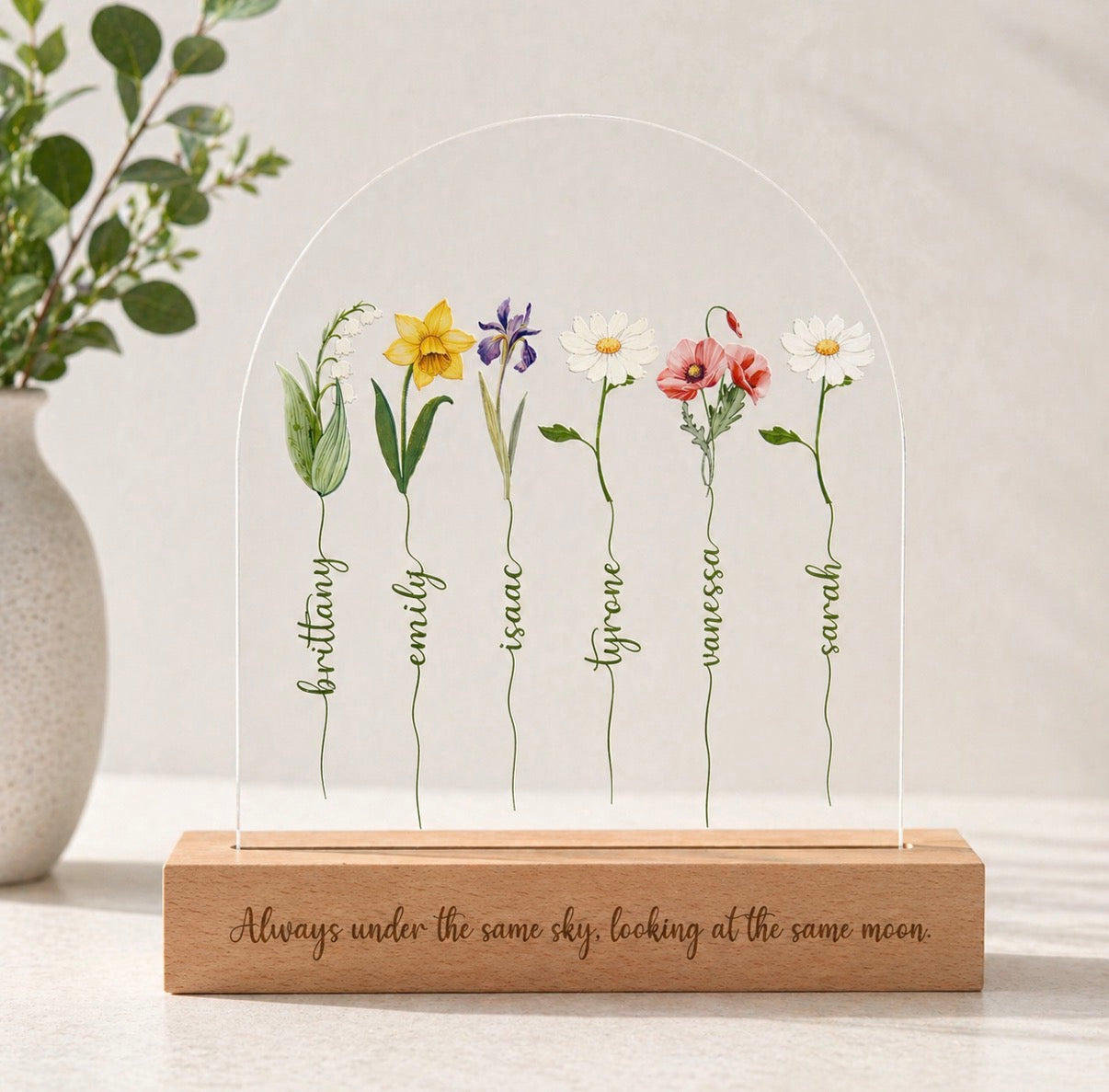 Decorative display with floral names on a wooden base