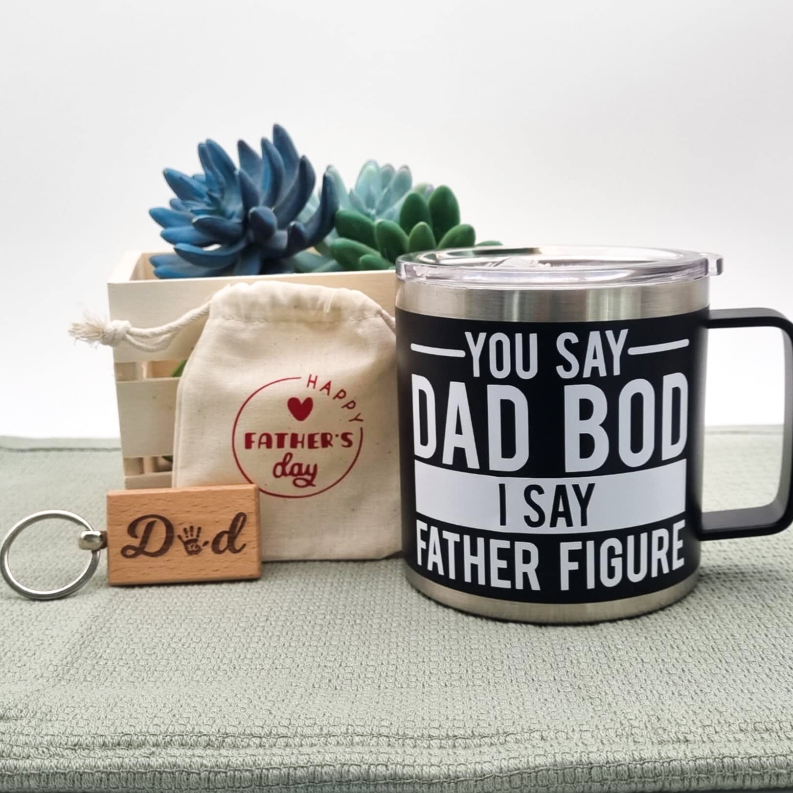 Father’s Day Gift Pack – “Dad Bod” Travel Mug + Wooden Keyring