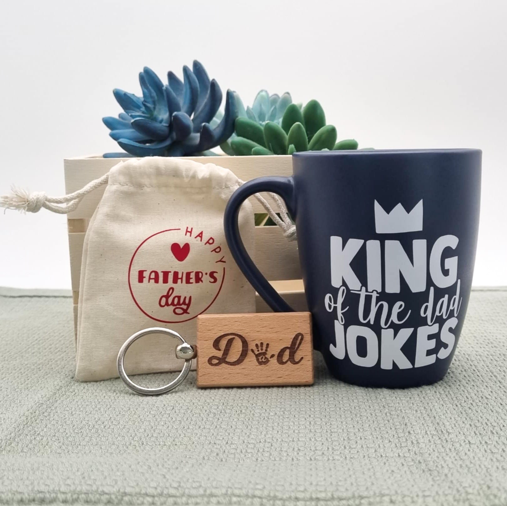Father’s Day Gift Pack – “King of the Dad Jokes” Mug + Wooden Keyring