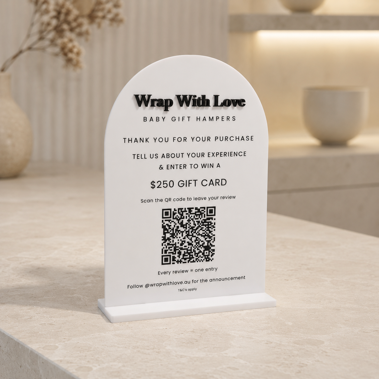 Personalised A5 freestanding acrylic business sign with UV-printed details and a raised logo