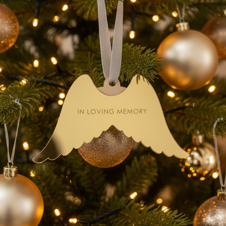 Decorative angel wing ornament with 'In Loving Memory' text on a black background