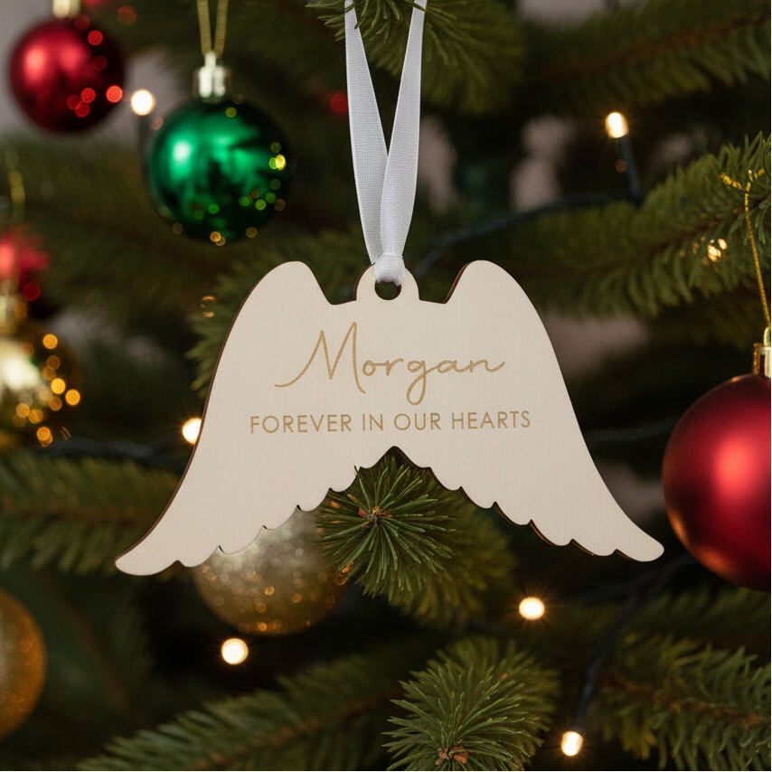 Winged memorial ornament with 'Morgan Forever in Our Hearts' text on a dark background