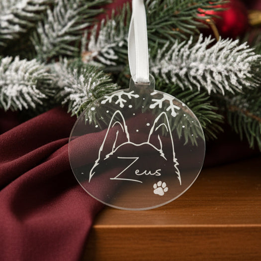 Round pet tag with a husky design and 'Zeus' engraved on a black background