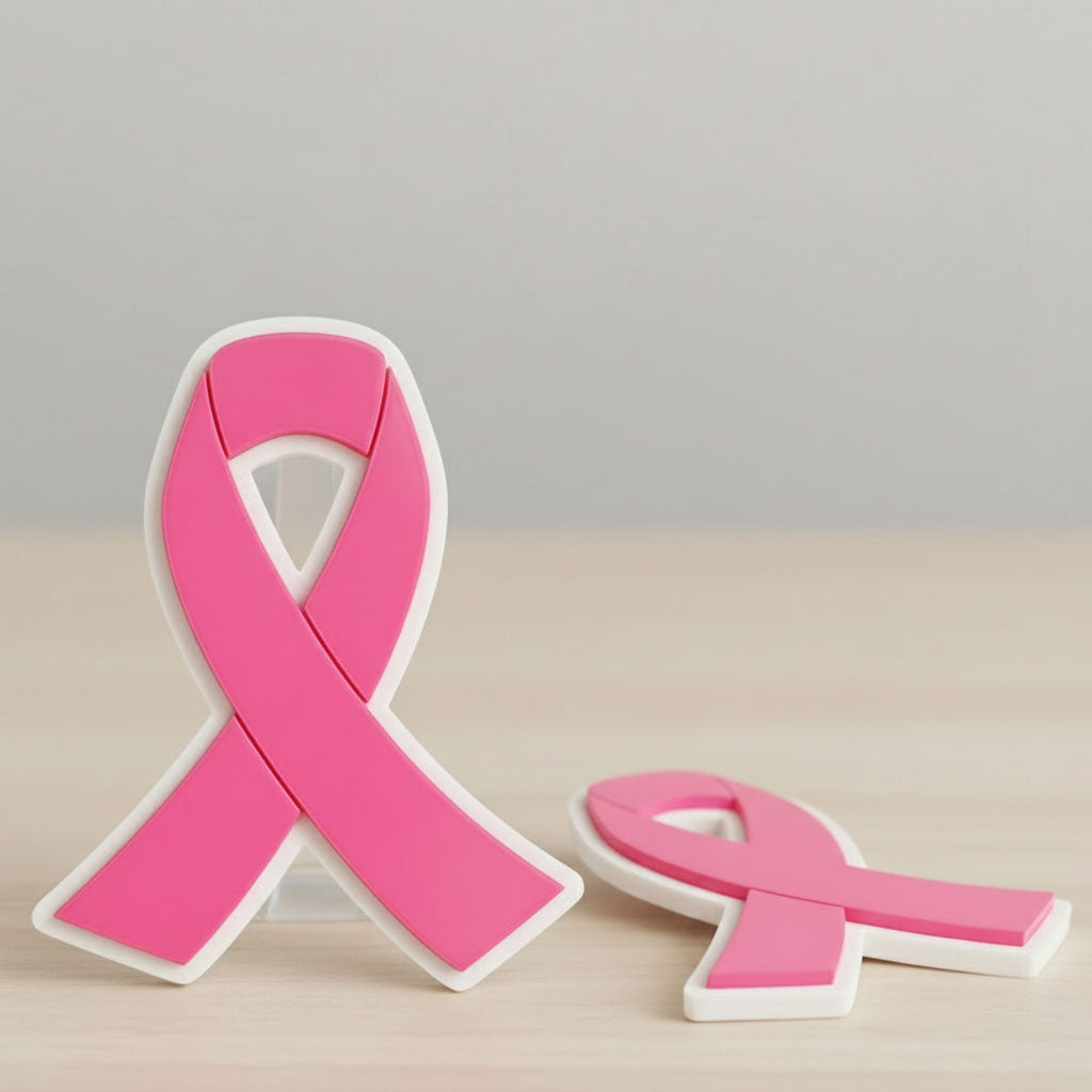 Pink breast cancer awareness ribbons on a neutral background