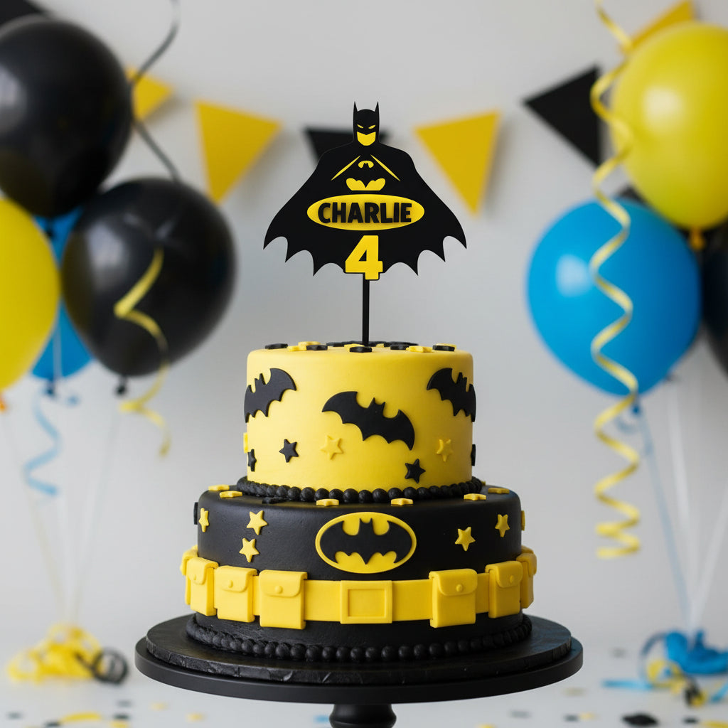 Batman-themed birthday cake topper with 'Charlie 4' on a white background