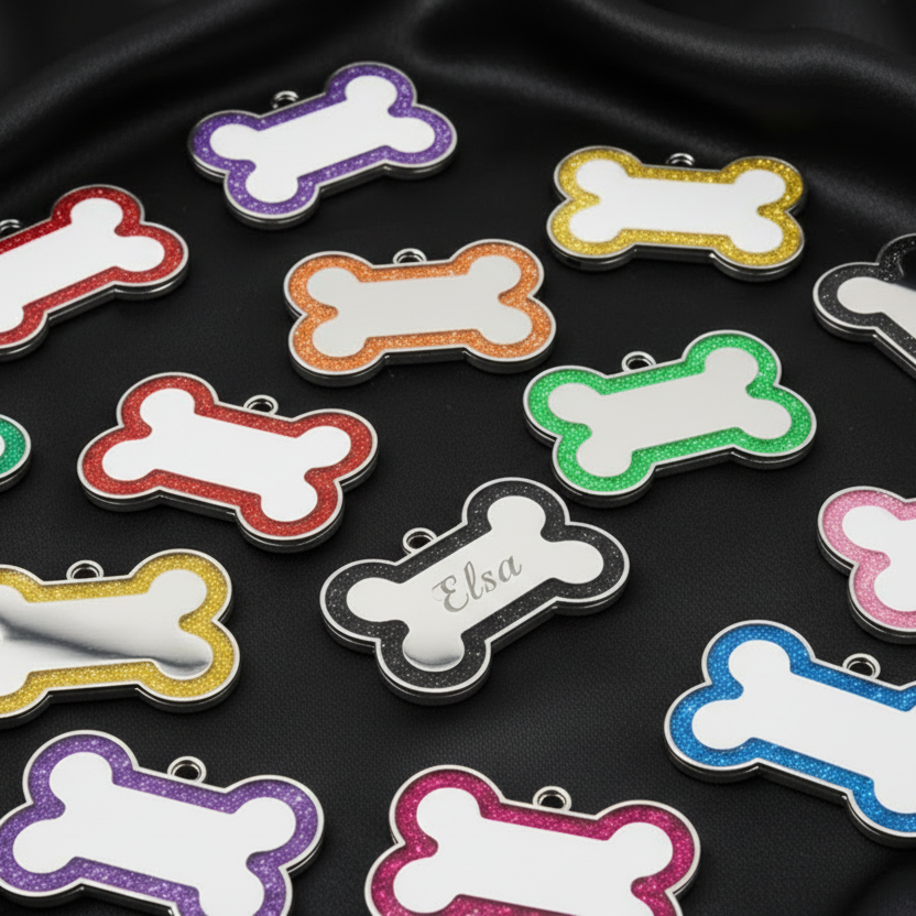 Colourful bone-shaped pet tags on a white background