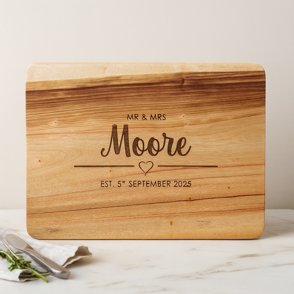 Wooden cutting board with engraved 'MR & MRS Moore' and date on a light background