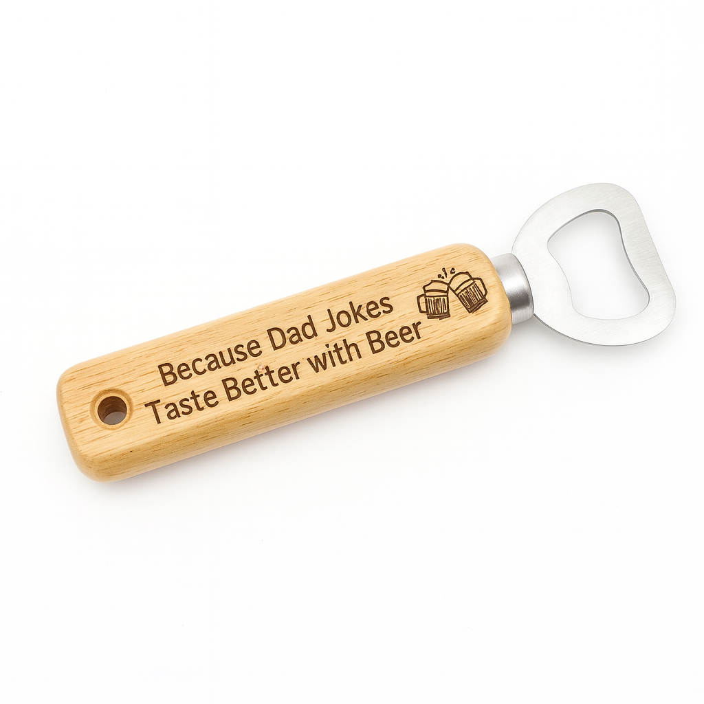 Bottle opener with wooden handle and engraved text on a white background