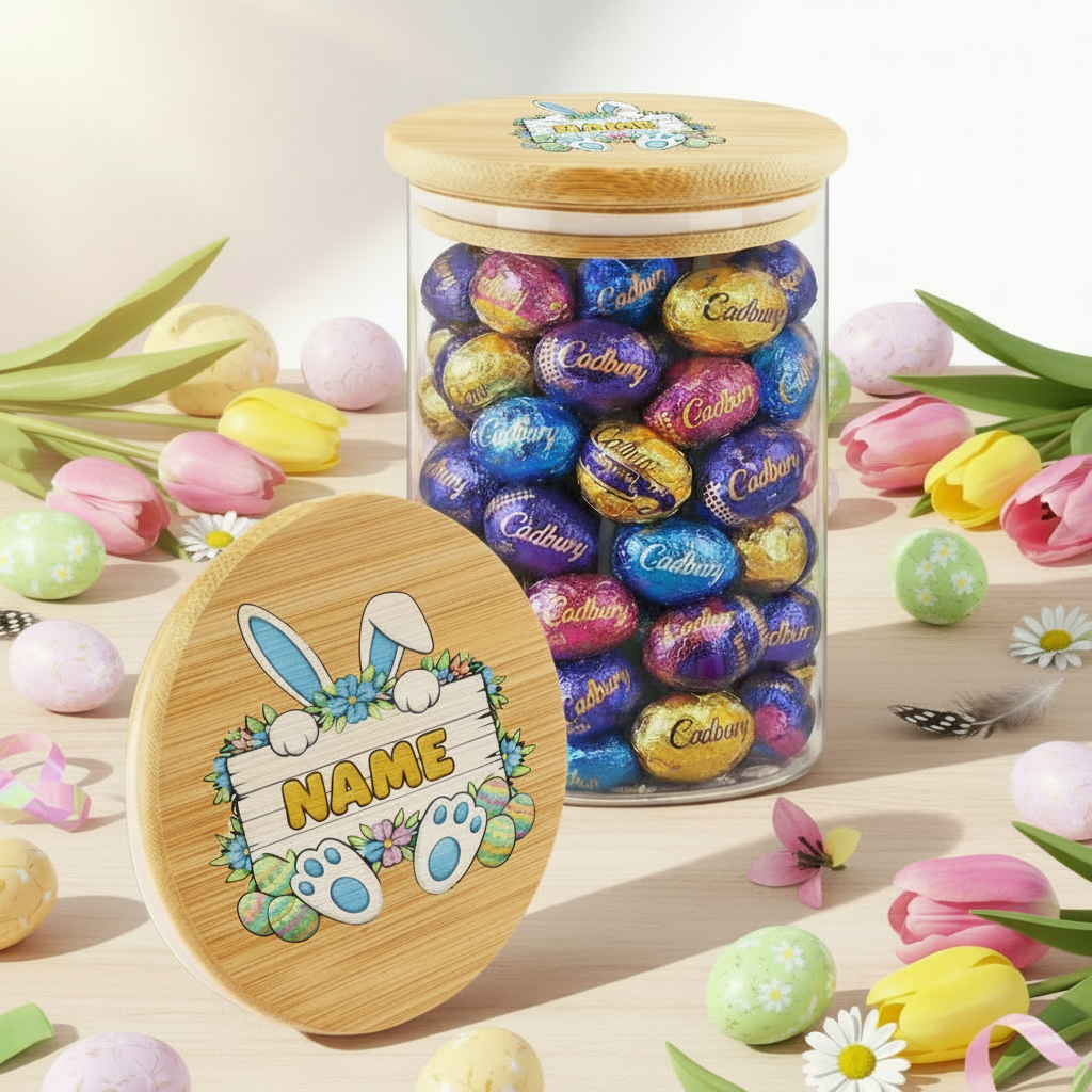 Glass jar with wooden lid filled with Cadbury eggs, decorated with Easter-themed design.