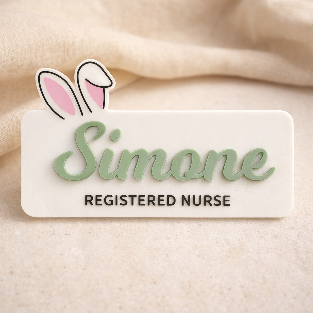 Name tag with 'Simone' and 'Registered Nurse' text, featuring bunny ears on a beige background