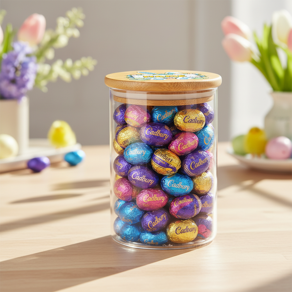 Glass jar with wooden lid containing Cadbury Easter eggs, personalized with a bunny design and name space.