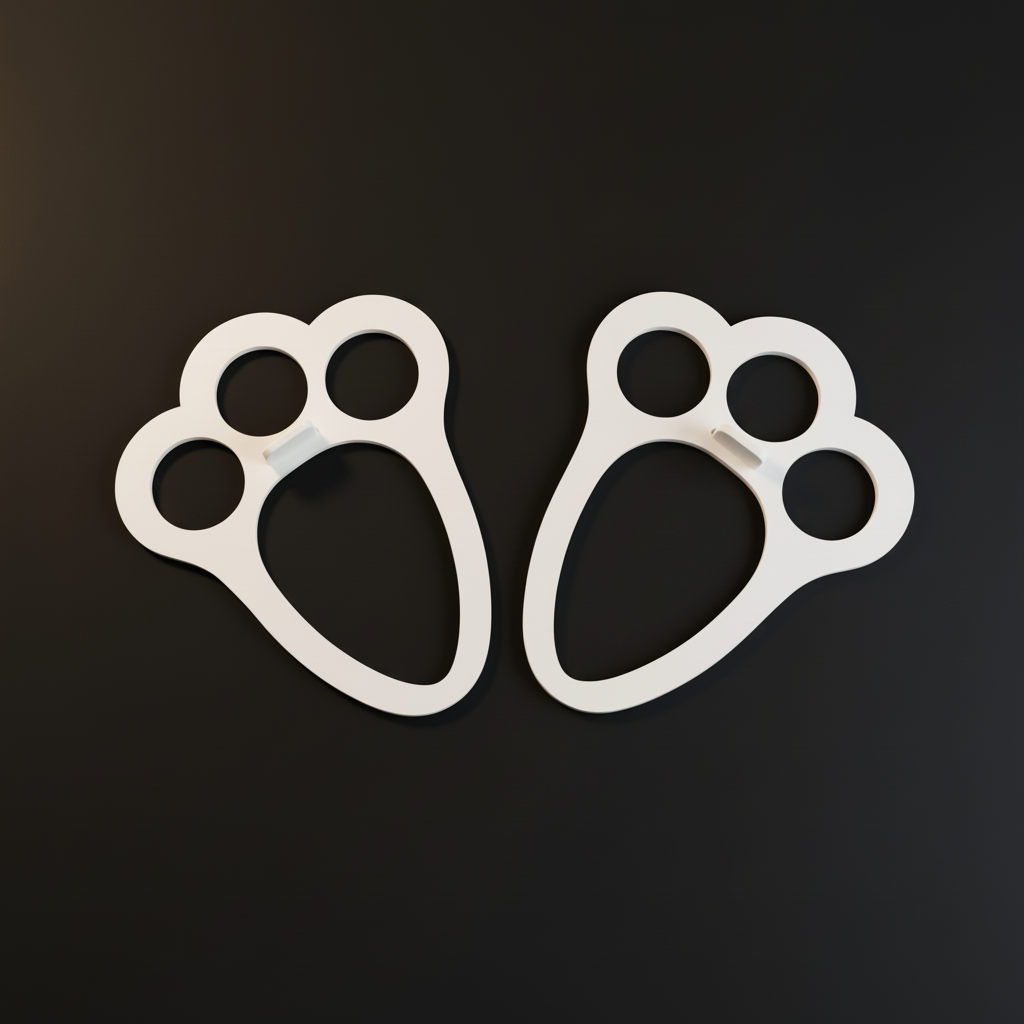 Two white paw-shaped objects on a wooden surface