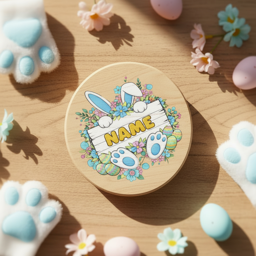 Wooden coaster with a colorful bunny design and 'NAME' text on a wooden surface with Easter decorations.