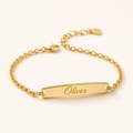 Gold ID bracelet with engraved nameplate example for BYO bracelet engraving