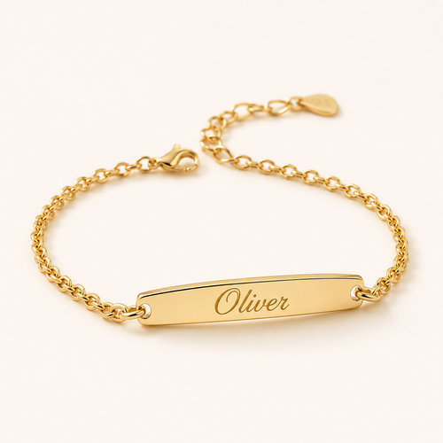 Gold ID bracelet with engraved nameplate example for BYO bracelet engraving