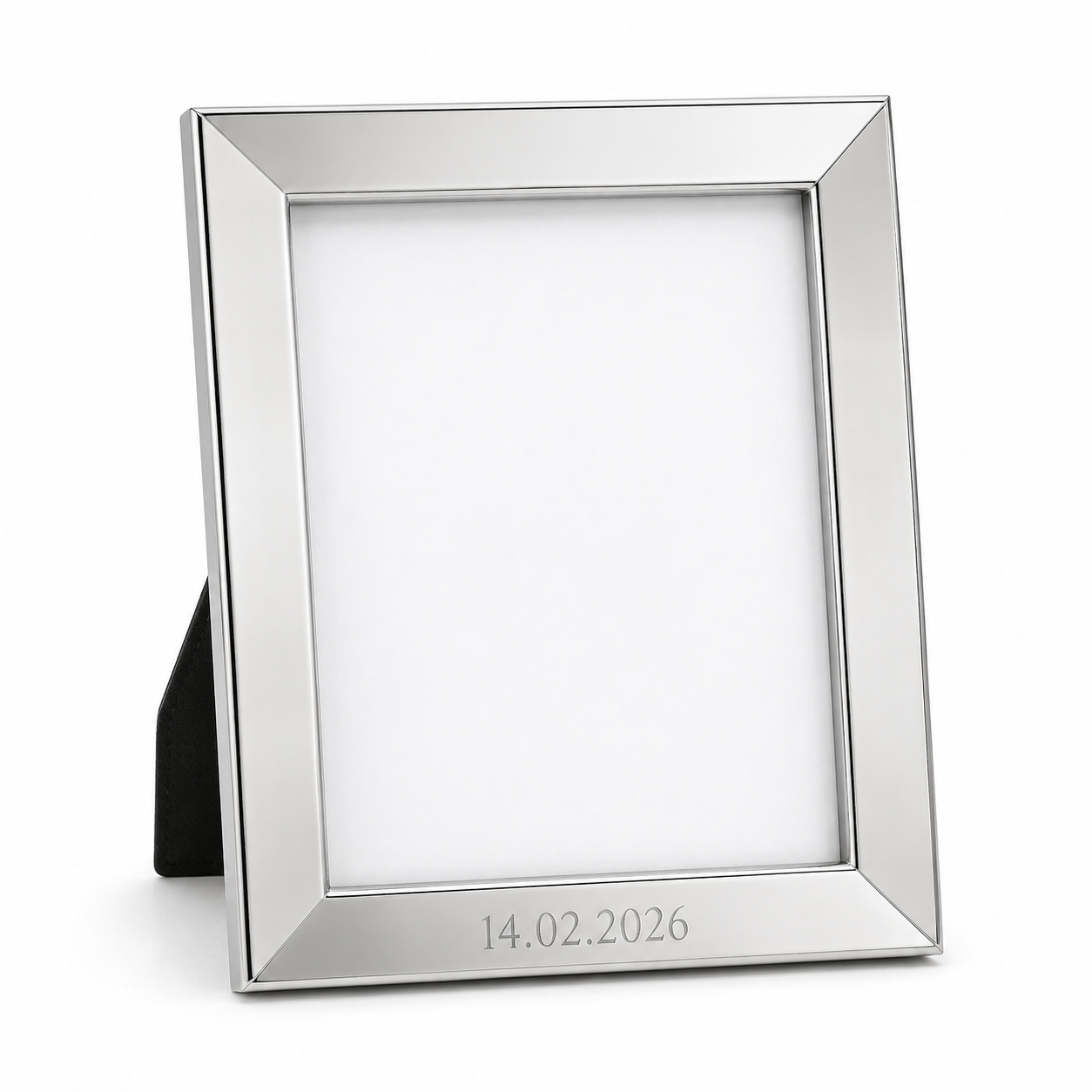 Silver picture frame with engraved date along the bottom