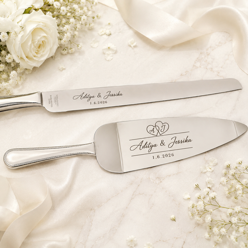 BYO engraved wedding cake knife and server set with names and wedding date