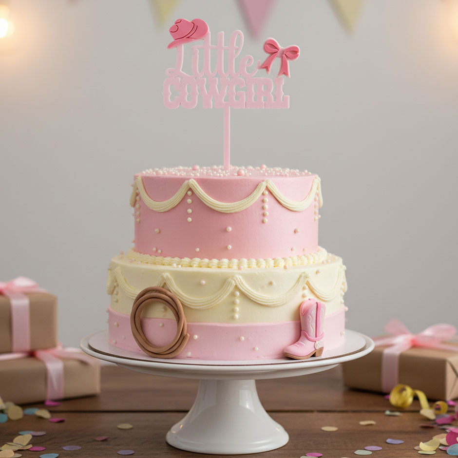 Little Cowgirl Cake Topper – Pink Acrylic Party Decoration