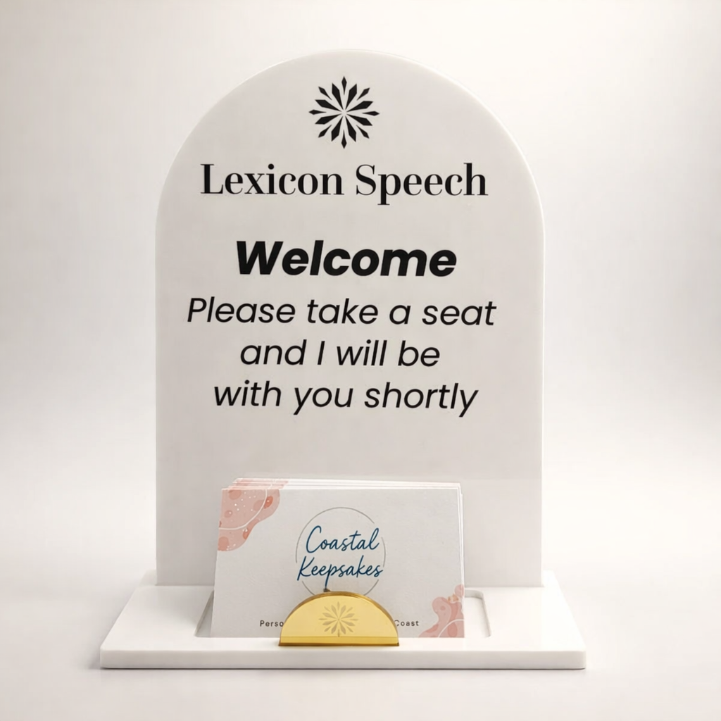 Lexicon Speech welcome sign with a card on a white background