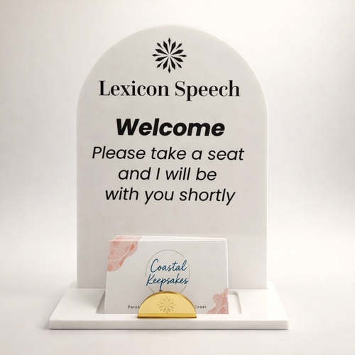 Lexicon Speech welcome sign with a card on a white background