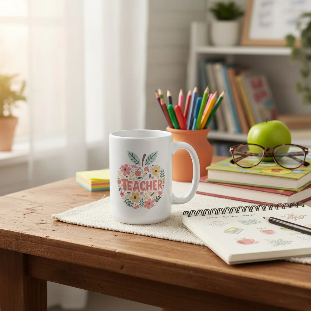Teacher Gift Mug – Floral Apple Design – 450ml