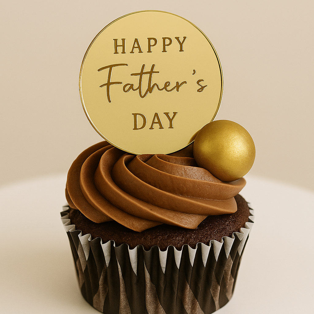 Chocolate cupcake with a gold 'Happy Father's Day' topper on a beige background