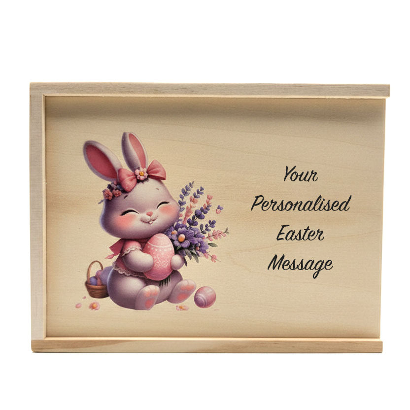 Wooden plaque with a cartoon bunny holding flowers and an egg, with 'Your Personalised Easter Message' text.