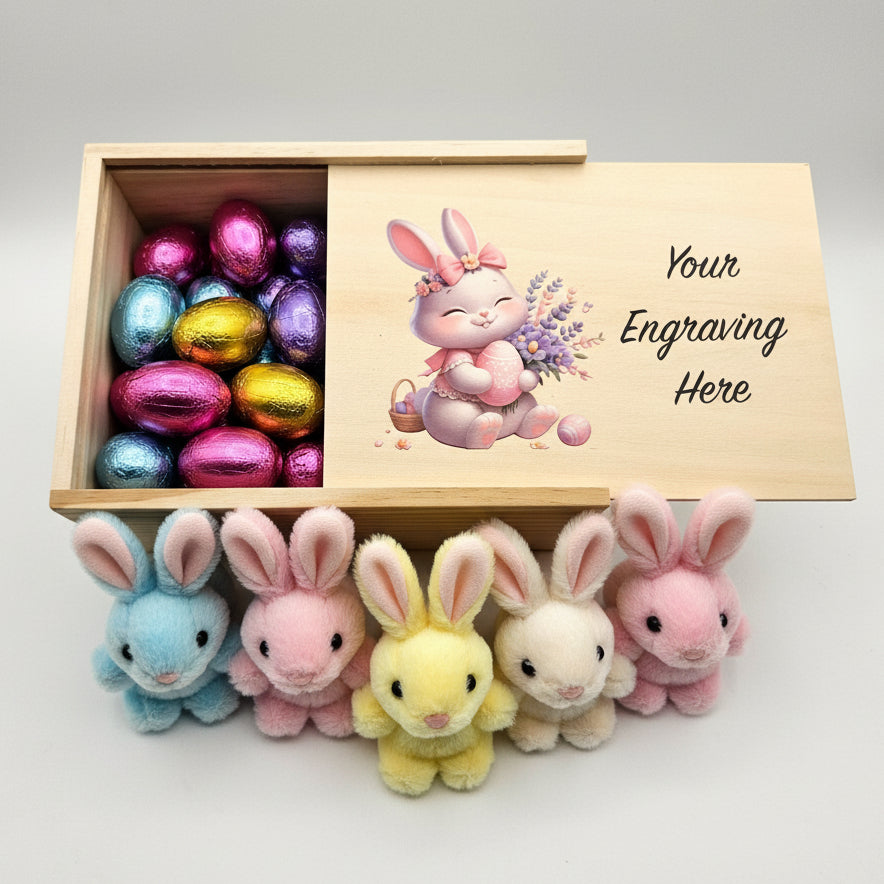 Wooden box with a cartoon bunny design and space for engraving on a white background
