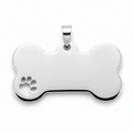 Silver bone-shaped pendant with a paw print cutout on a white background
