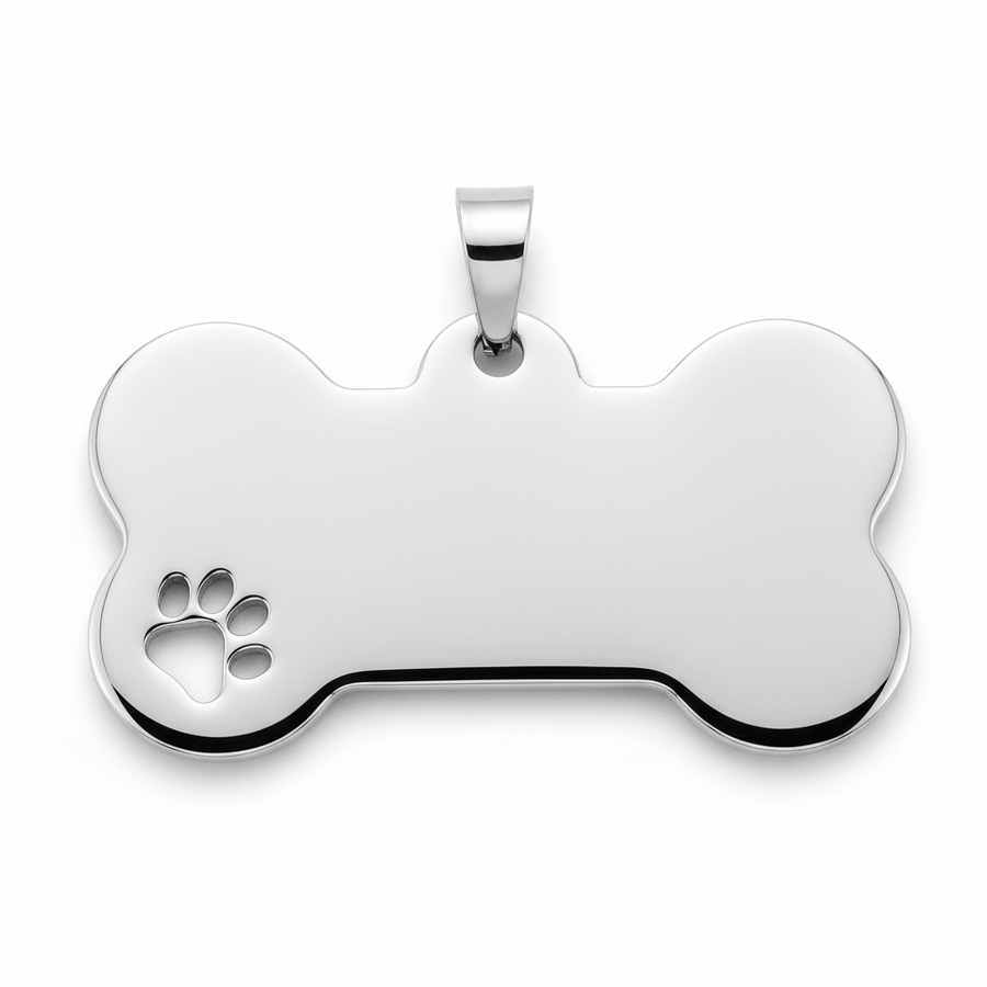 Silver bone-shaped pendant with a paw print cutout on a white background