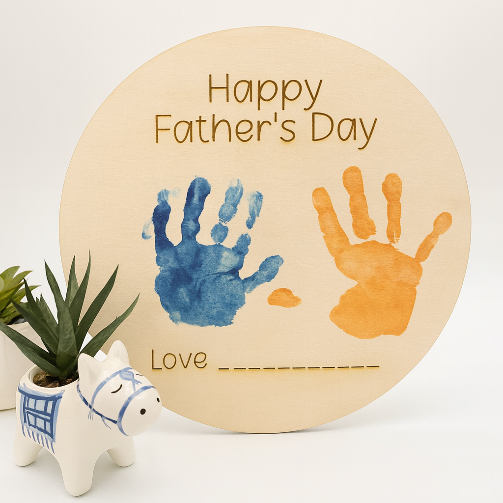 Round wooden plaque with handprints and 'Happy Father's Day' text on a white background