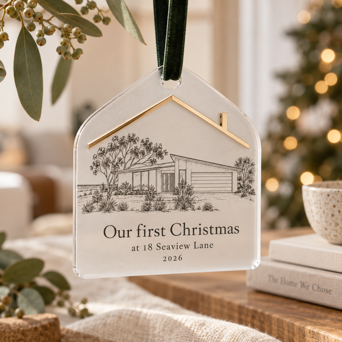 Personalised first Christmas in our new home house portrait ornament
