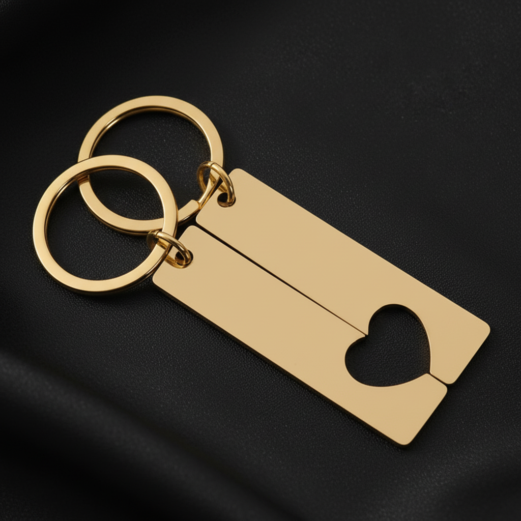 Gold keychain with bottle opener and heart design on a beige background