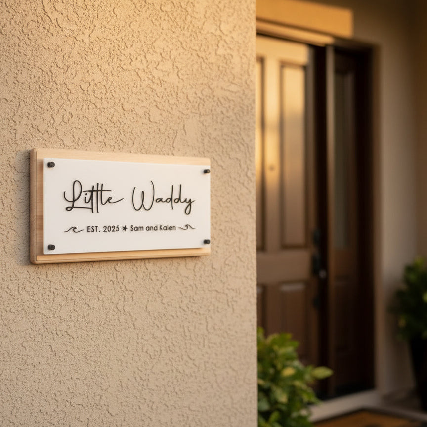 Plaque with 'Little Waddy' branding and establishment year on a white background
