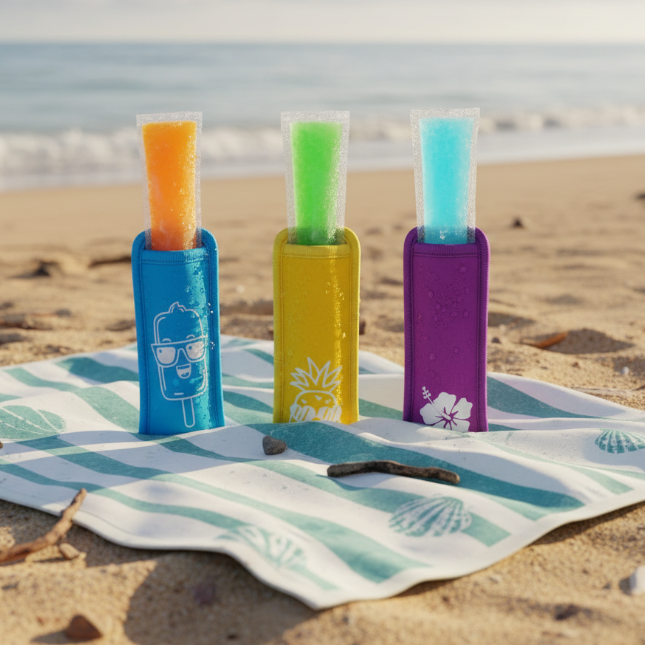 Three colorful popsicles in holders on a beach towel with a beach background