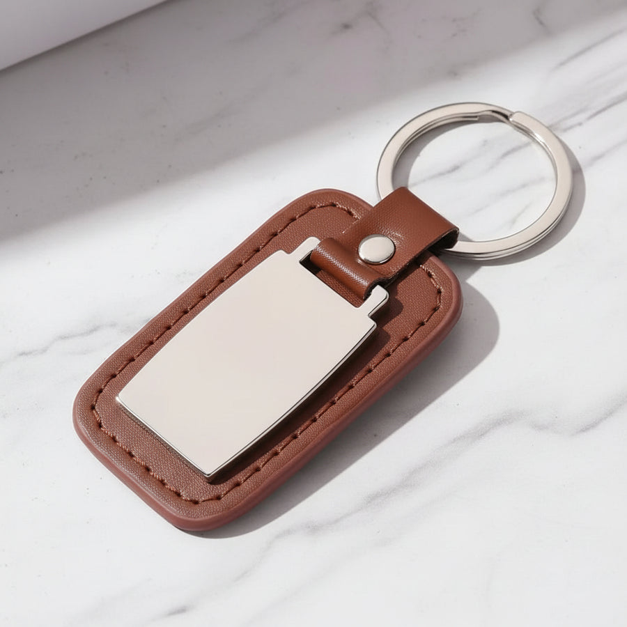 Personalised leather keyring with engraved metal plate