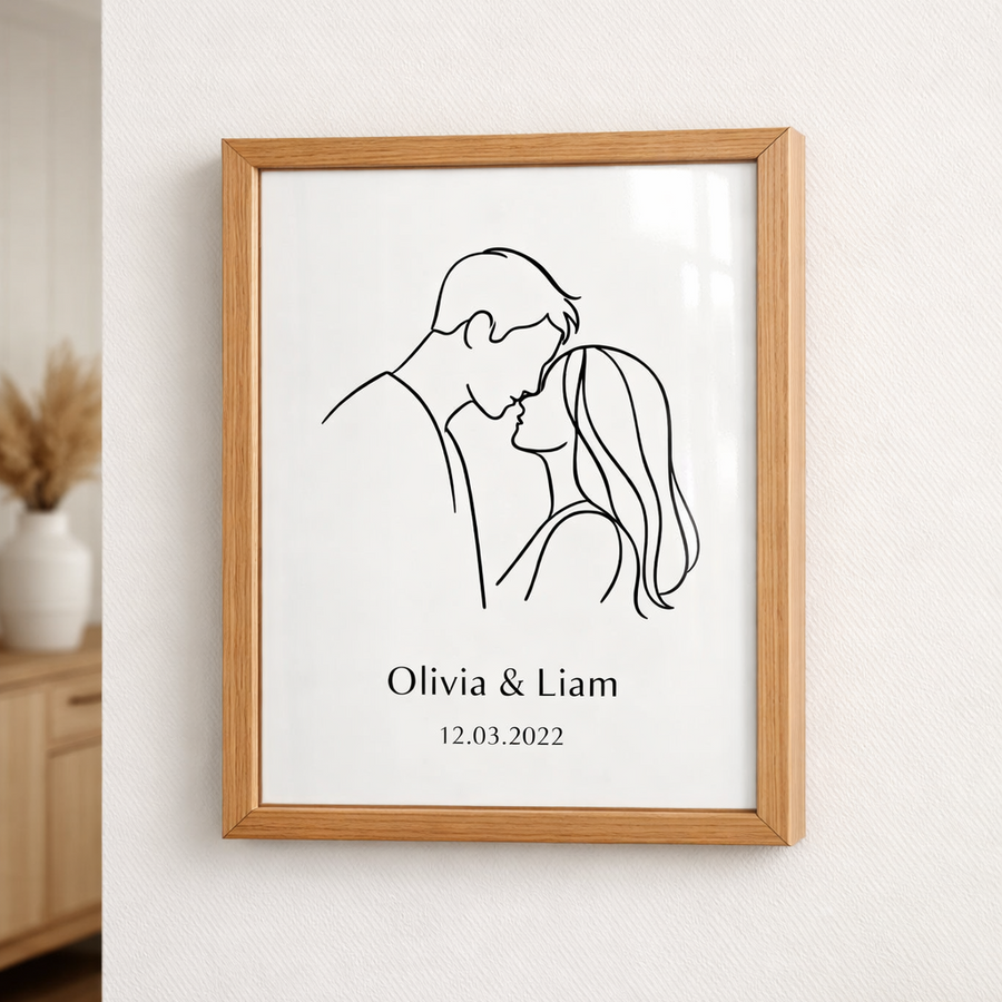Personalised Line Art Portrait Acrylic Print in wooden A4 frame