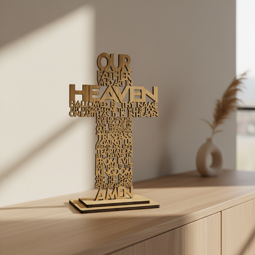Wooden cross with engraved text on a white background