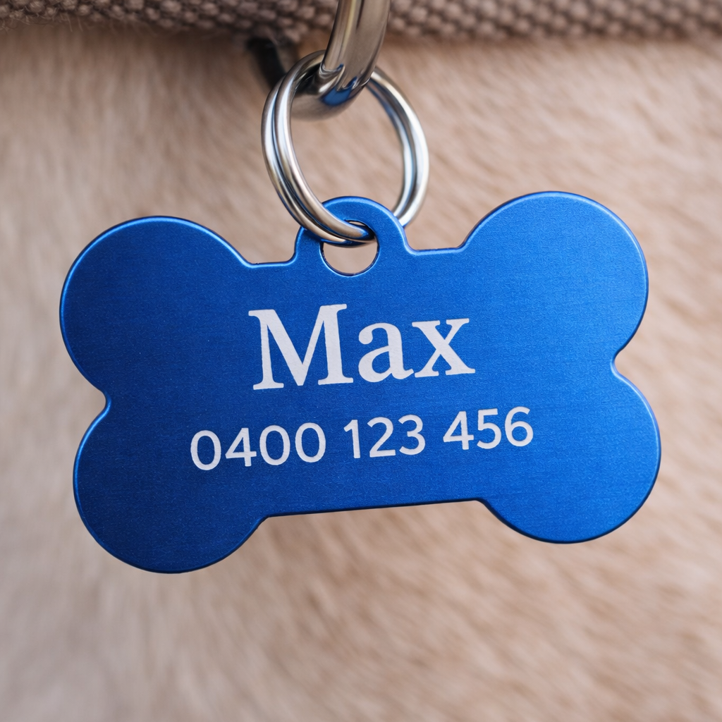 Blue bone-shaped pet tag with 'Max' and phone number on a beige background