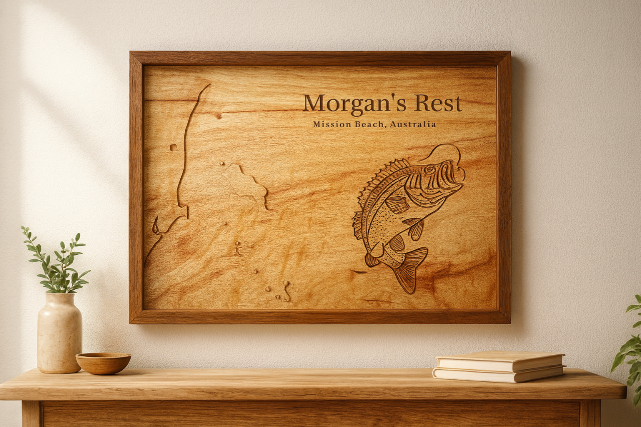 Wooden wall art with engraved design and text 'Morgan's Rest' on a light background