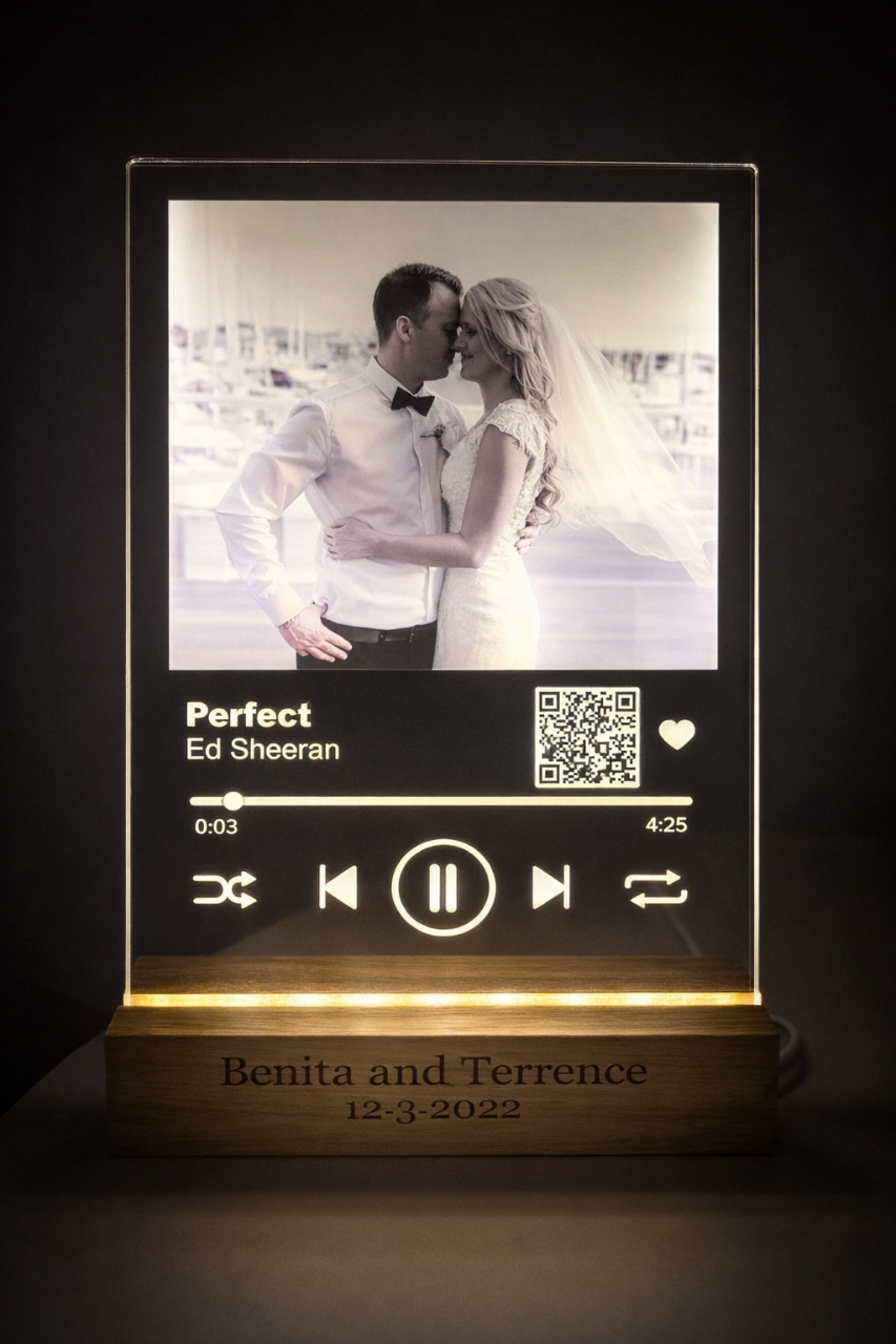 Decorative music player display with a couple's photo and music controls on a dark background