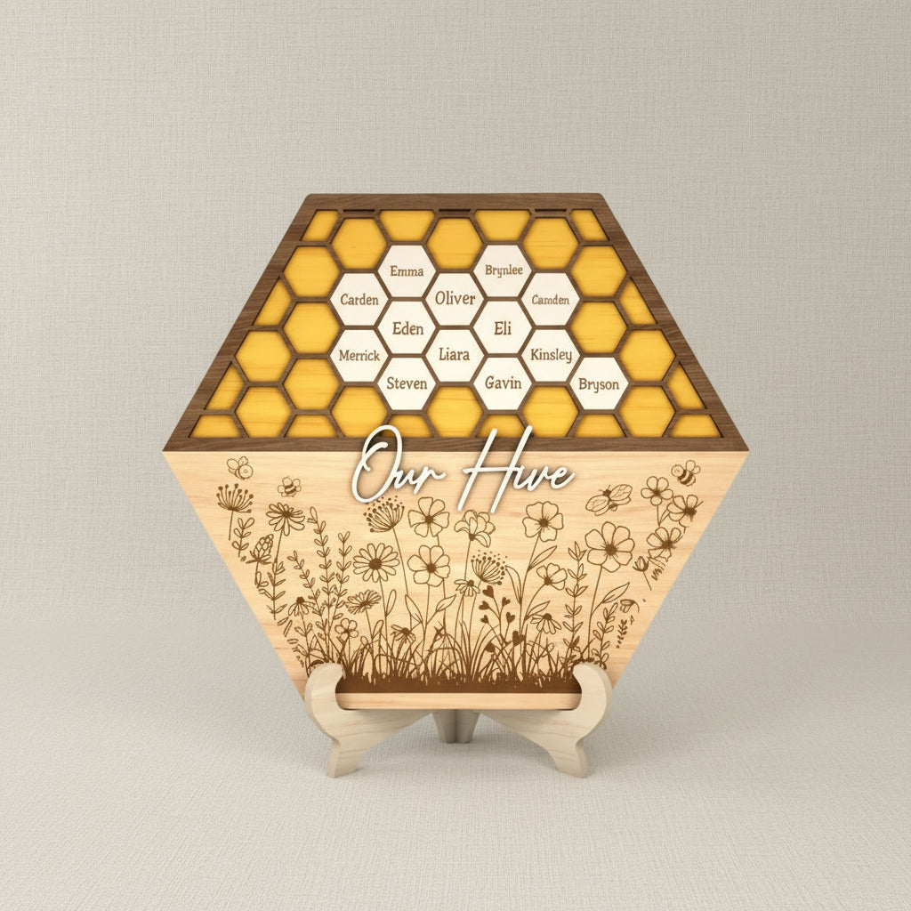 Hexagonal wooden lamp with honeycomb design and floral patterns on a gray background