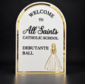Personalised A1 deluxe white acrylic arch event sign with raised black lettering and inset gold mirror acrylic frame