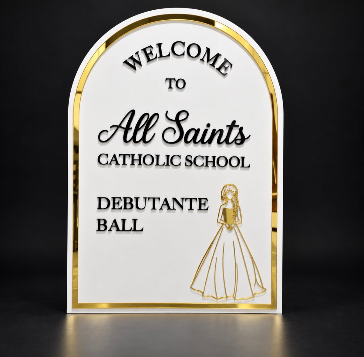Personalised A1 deluxe white acrylic arch event sign with raised black lettering and inset gold mirror acrylic frame