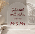 Personalised A4 frosted acrylic arch wedding gift table sign in a clear display base