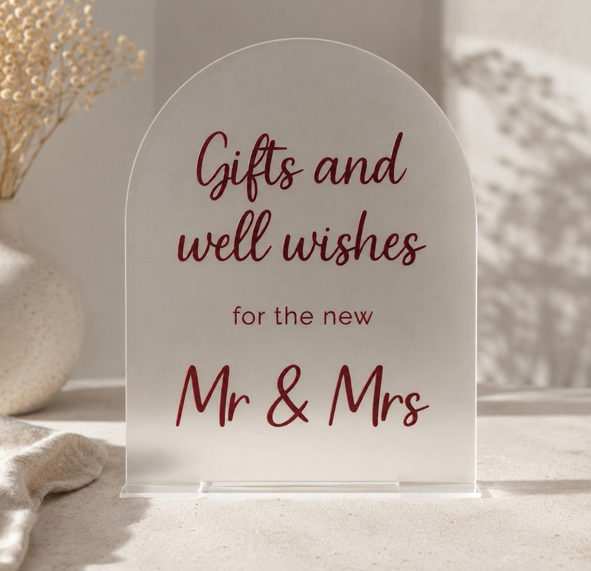 Personalised A4 frosted acrylic arch wedding gift table sign in a clear display base