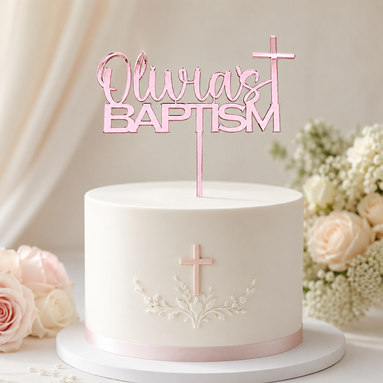 Personalised rose gold mirror acrylic baptism cake topper with cross
