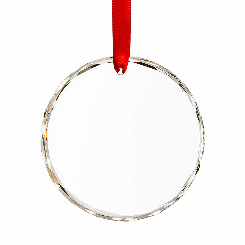 Clear round faceted crystal Christmas ornament with red ribbon
