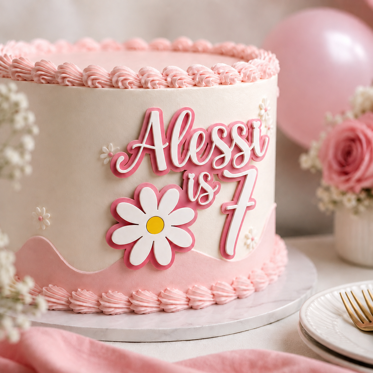Personalised pink and white daisy cake fropper staged on the side of a birthday cake