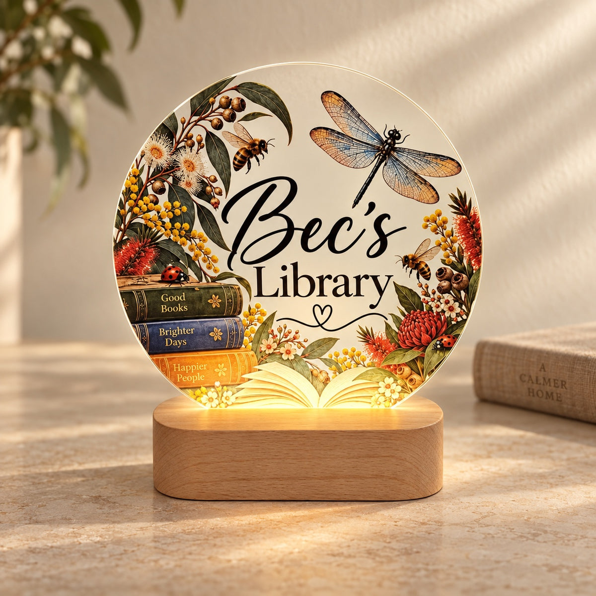 Personalised LED light for her with a custom library design, native flowers, books, bees and a dragonfly